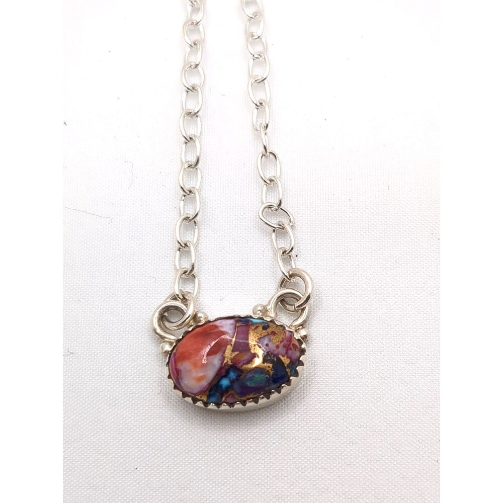 Spiny Oyster & Turquoise Sterling Silver Pendant Necklace – 18" Bar Style
